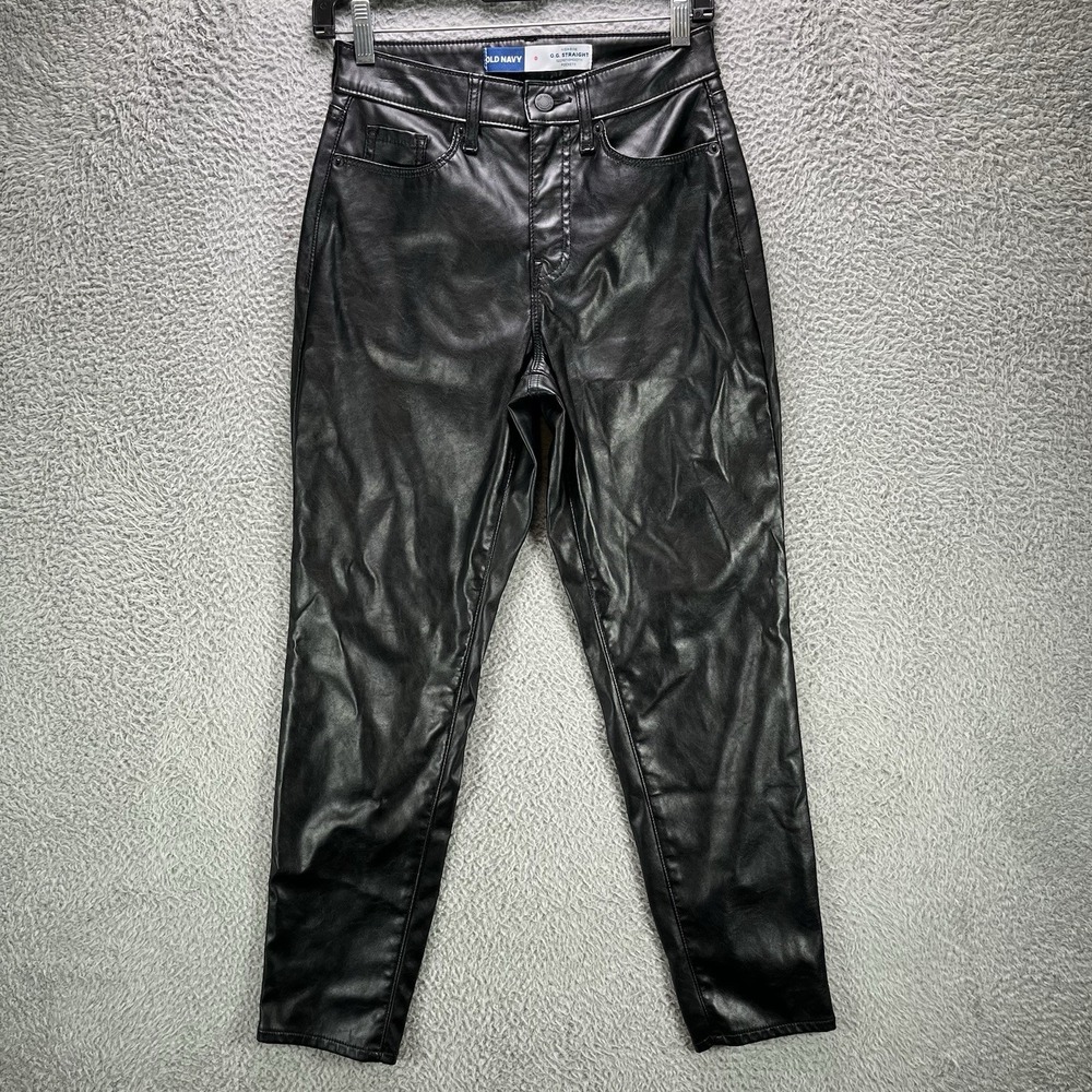 Old Navy OG Straight High Rise Faux Leather Pants Size 0 Black 26x27